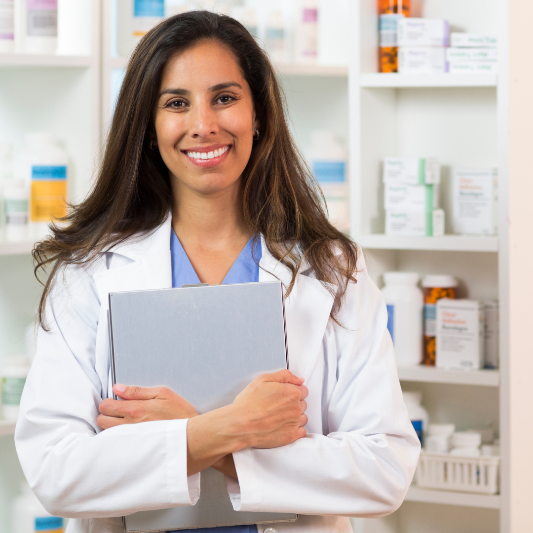 Female pharmacist holding clipboard